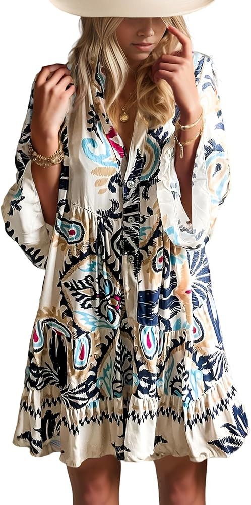 Summer Dresses for Women 2026 Flowy Ruffle 3/4 Sleeve V Neck Tiered Casual Babydoll Boho Beach Mi... | Amazon (US)