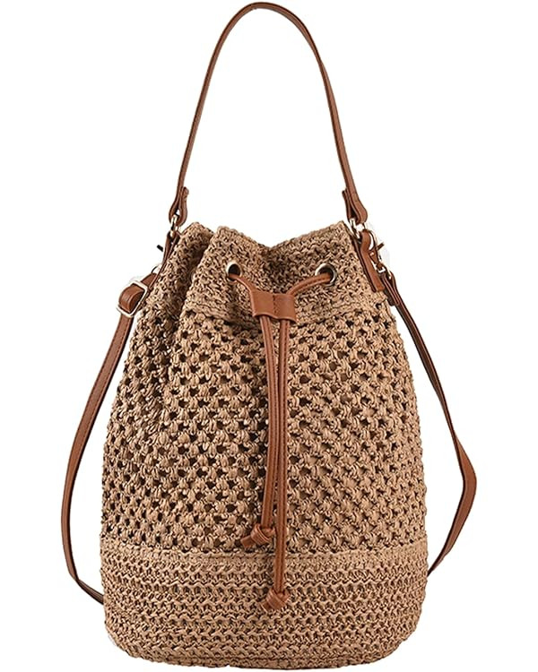 Straw Bucket Bag for Women, Summer Woven Beach Bag Drawstring Hobo Bucket Purses Handbag for Vaca... | Amazon (US)