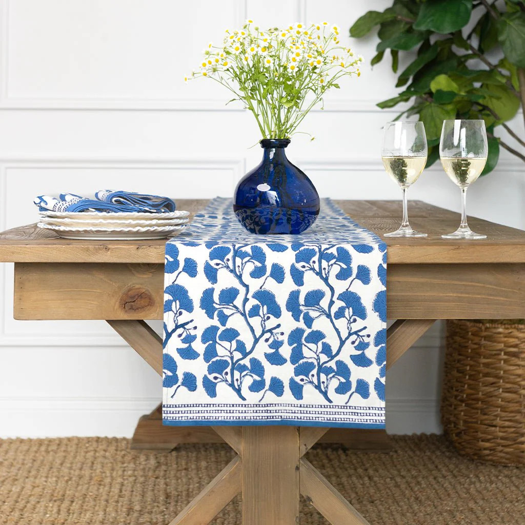 Ginkgo Blue Table Runner | Blue Botanical Table Runner | Pomegranate | Pomegranate