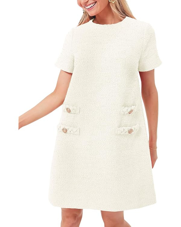 Wenrine Women's Tweed Mini Dress Short Sleeve Crew Neck Work Office Elagant Formal Summer A Line ... | Amazon (US)