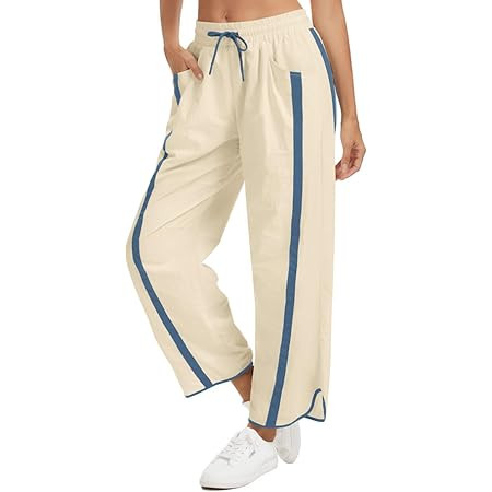 Fisoew Women's Baggy Wide Leg Pants Casual Drawstring Elastic Waisted Contrast Color Workout Y2K ... | Amazon (US)
