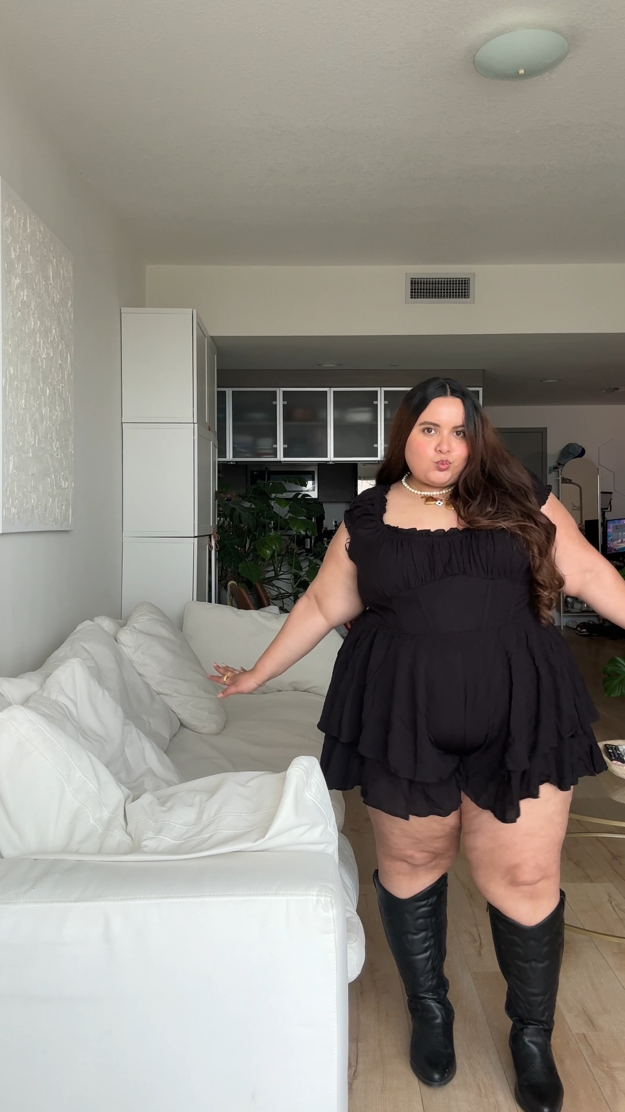 Theee romper for the summer 🖤
(romper is back in stock!!!!!) 
#plussizeinspo #plussizeoutfit #outfitideas #plussize #summerstyle #widecalfboots #summersale #sale #curve 

#LTKStyleTip #LTKPlusSize #LTKSummerSales