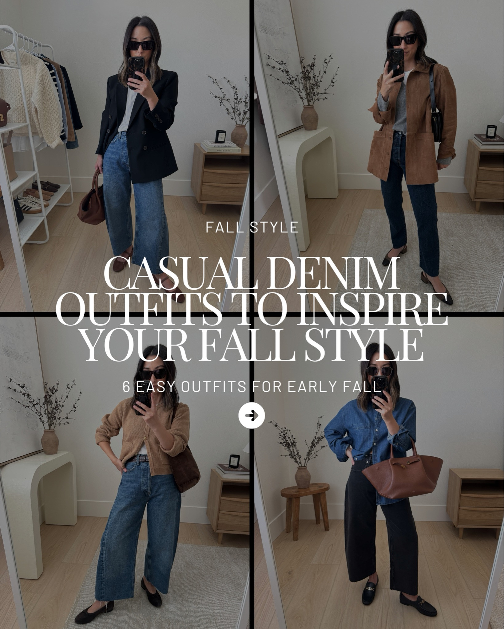 Casual denim outfits to inspire your fall style - easy layers, different denim silhouettes, and pieces you can mix and match.

Look 1:
Madewell tee xs - sold out, linked similar
Oak + Fort Trench xxs
Mansur Gavriel tote
Sam Edelman loafers 5
Citizens of Humanity Miro jeans 24 - run big, cut hems. Wash is Pacifica
YSL sunglasses

Look 2:
AYR denim shirt xs
Everlane curve jeans 26- cut hems
Sam Edelman loafers 5
DeMellier bag medium
Le Specs sunglasses

Look 3:
J.crew blazer petite 4
Everlane tee medium
AGOLDE luna jeans 25 - cut hems
Madewell flats 5 - old, linked similar
DeMellier bag medium
YSL Sunglasses

Look 4:
J.crew lady cardigan xs - old, linked similar
J.crew belt
Liffner shoulder bag
Madewell suede flats 5 - old, linked similar
Agolde luna jeans 25 - cut hems
Celine sunglasses

Look 5:
Everlane tee medium
Jenni kayne cashmere sweater xs
Sezane suede jacket - small
Levi's 501 crop 28" inseam 25 - wash is sold out, linked similar
Veronica Beard slingbacks 5 -old
Celine bag medium
YSL Sunglasses

Look 6:
J.Crew cashmere cardigan xs - old
AGOLDE luna jeans 25 - cut hems
Sam Edelman loafers 5
Chanel Trendy cc small
Le Specs sunglasses

#LTKmomlife #LTKPetite