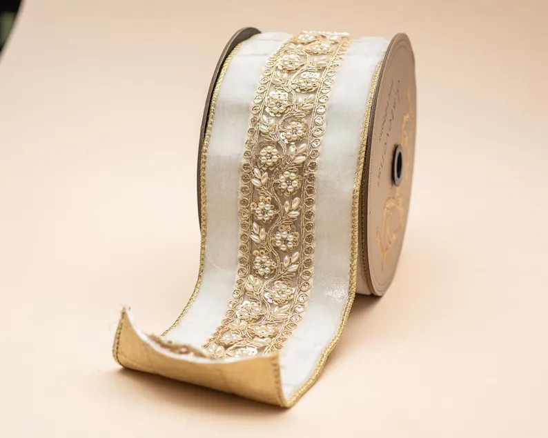 White Velvet and Gold Embroidered Ribbon \u2013 4\u201d Wide Luxury Ribbon, Christmas Tree Ribbon... | Etsy (Global)