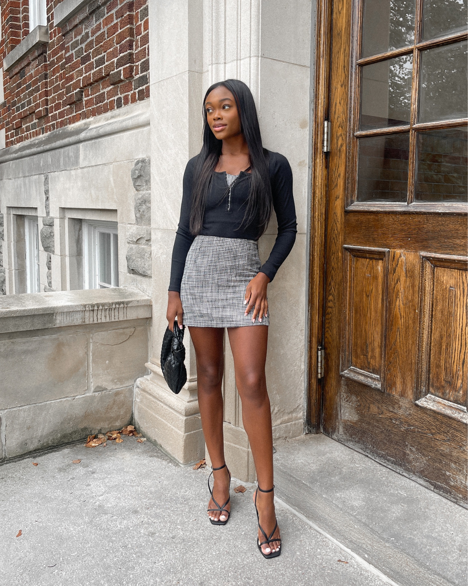 I am loving this tweed look from Abercrombie for fall. I’m wearing an xs in the tweed skirt and an xs in the matching tweed top that is underneath. I layered with a black henley bodysuit (wearing a size small) and strappy heels! 🖤 

#LTKSeasonal #LTKshoecrush #LTKSale