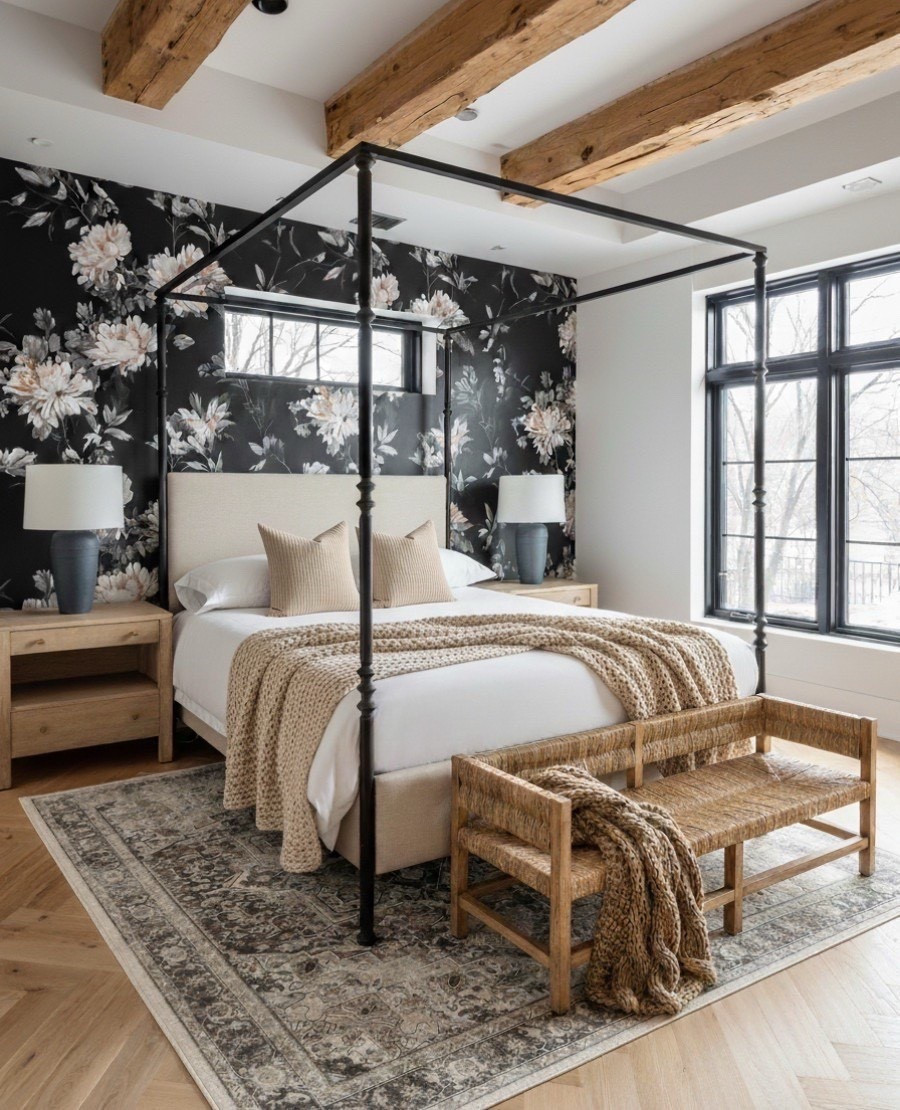 A calm, modern transitional bedroom that blends bold pattern with warm, organic texture. This space features a black floral wallpaper accent wall, an upholstered canopy bed, and exposed wood ceiling beams, a combination that instantly adds depth and character.

The neutral bedding, chunky knit throw, and woven wood bench bring warmth into the room, while the vintage inspired area rug grounds the design in classic, timeless tones. If you love moody bedroom décor, canopy bed styling, or cozy modern farmhouse bedrooms, this look is the perfect guide.

When designing elevated bedrooms, I always mix contrast and texture, bold wallpaper with soft linens, natural wood with matte black details. These elements create a room that feels curated, warm, and effortlessly sophisticated. 

#LTKHome #LTKSaleAlert