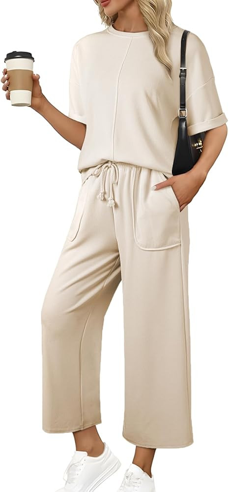 SHEWIN Women's 2 Piece Outfits Sweatsuit Casual Short Sleeve Pullover Tops and Drawstring Wide Le... | Amazon (US)