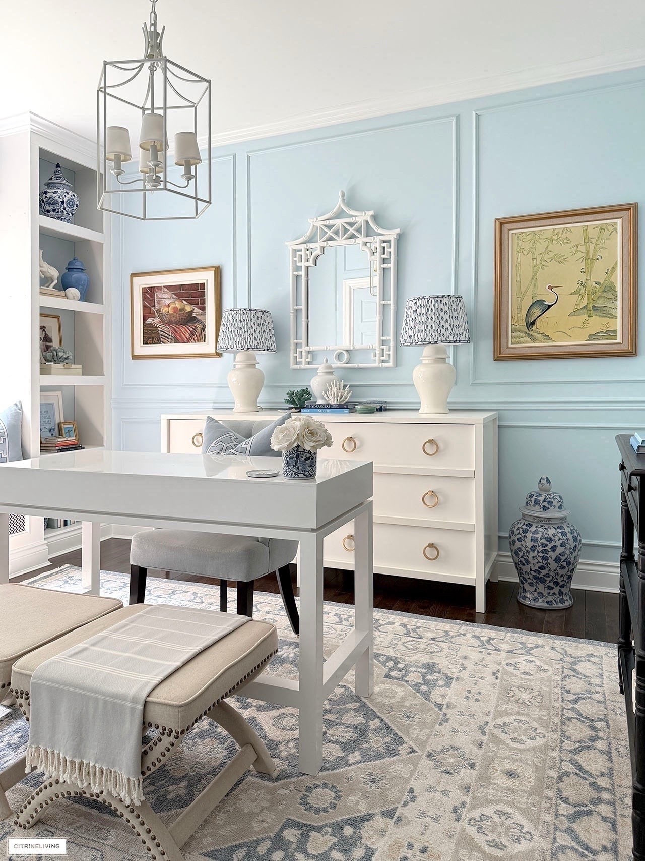 Chic layered home office! A beautiful rug, colorful art, pops of pattern💙  

Home office, home decor, home finds

#LTKHome