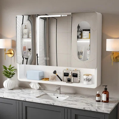 35" W x 28" H 3-Door LED Lighted Medicine Cabinet with Mirror, Defogger, Cosmetic Storage Rack, and Tissue Opening | Wayfair North America
