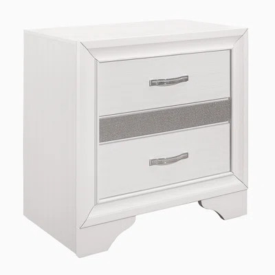 Glamorous Bedroom Furniture 1Pc Nightstand Of Drawers With Hidden Felt-Lined Jewelry Drawer White Finish And Silver Glitter | Wayfair North America