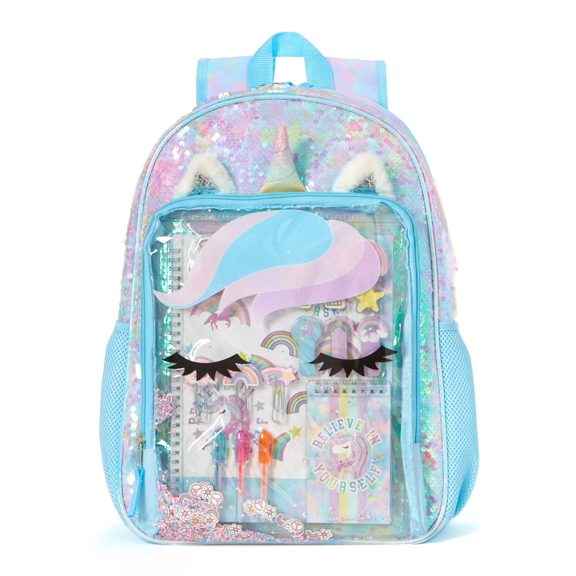 Schoolyard Vibes Unicorn Girls 17" Sequin Stationary Kids Backpack Set, Blue | Walmart (US)