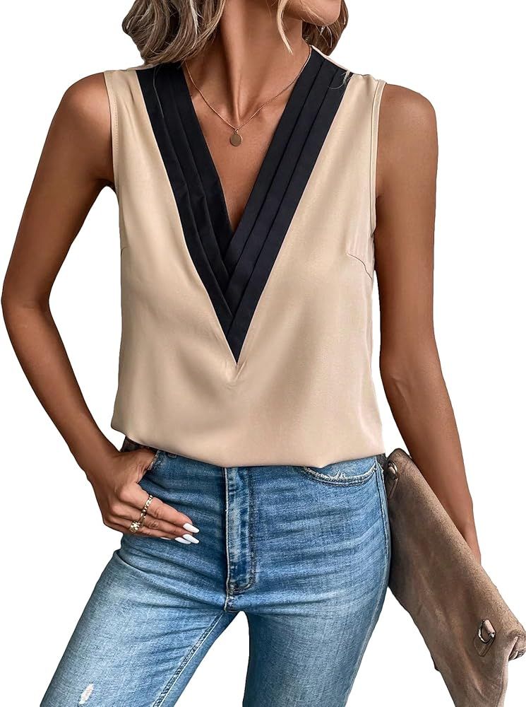 SweatyRocks Women's Solid Sleeveless V Neck Colorblock Tank Top Elegant Work Office Blouse | Amazon (US)