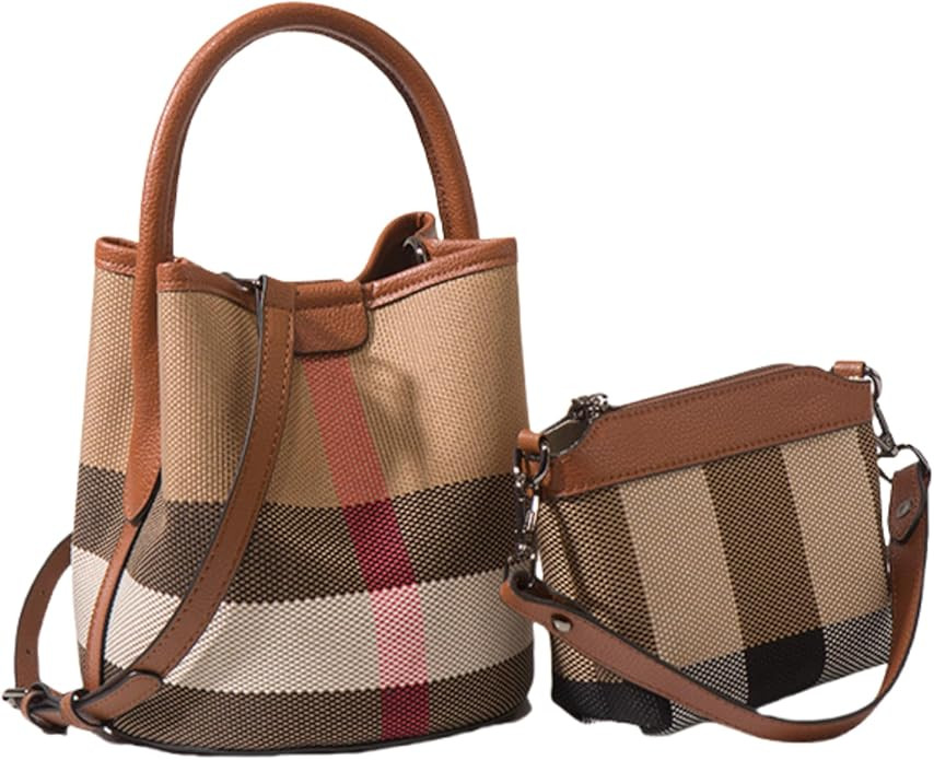 Tote Bag for Women, Leather Plaid Bucket Shoulder Bag Top Handle Canvas Crossbody Handbag Designe... | Amazon (US)