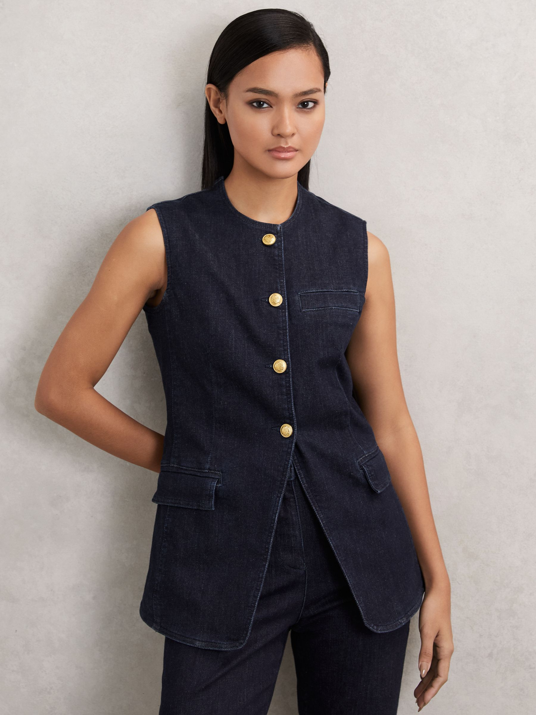 Reiss Denim Long-Line Waistcoat in Dark Blue | REISS | Reiss US