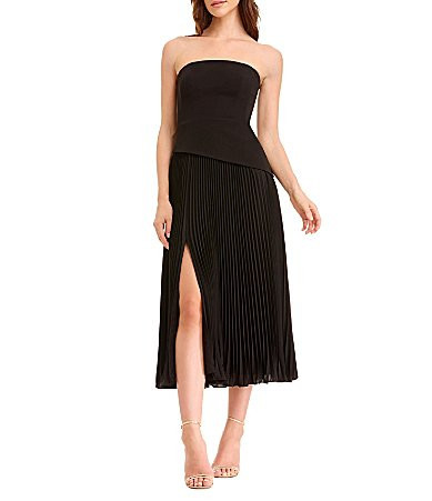 Dress the Population Kacey Strapless Asymmetrical Bodice Pleated Skirt Front Slit Midi Dress - L | Dillard's