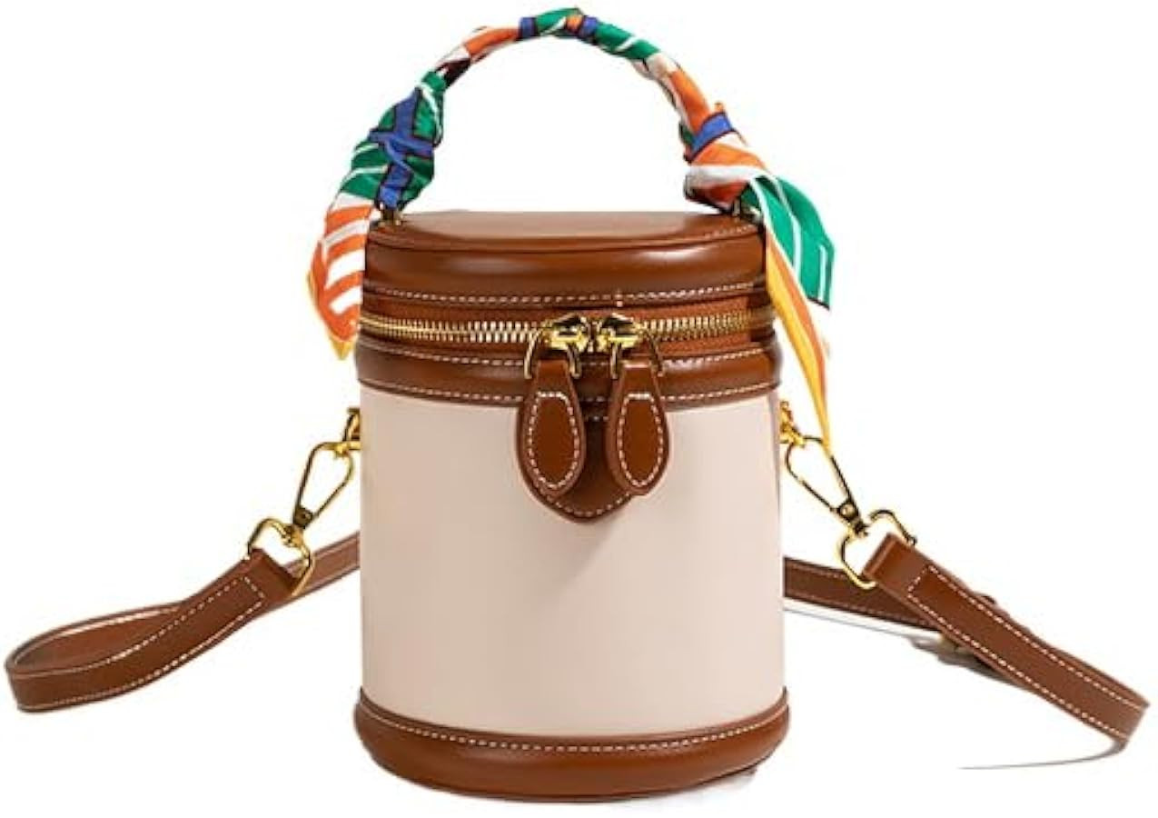 Retro Bucket Bag Female PU Leather Color Contrast Cylinder Shoulder Round Bag Handle Handbag Purs... | Amazon (US)