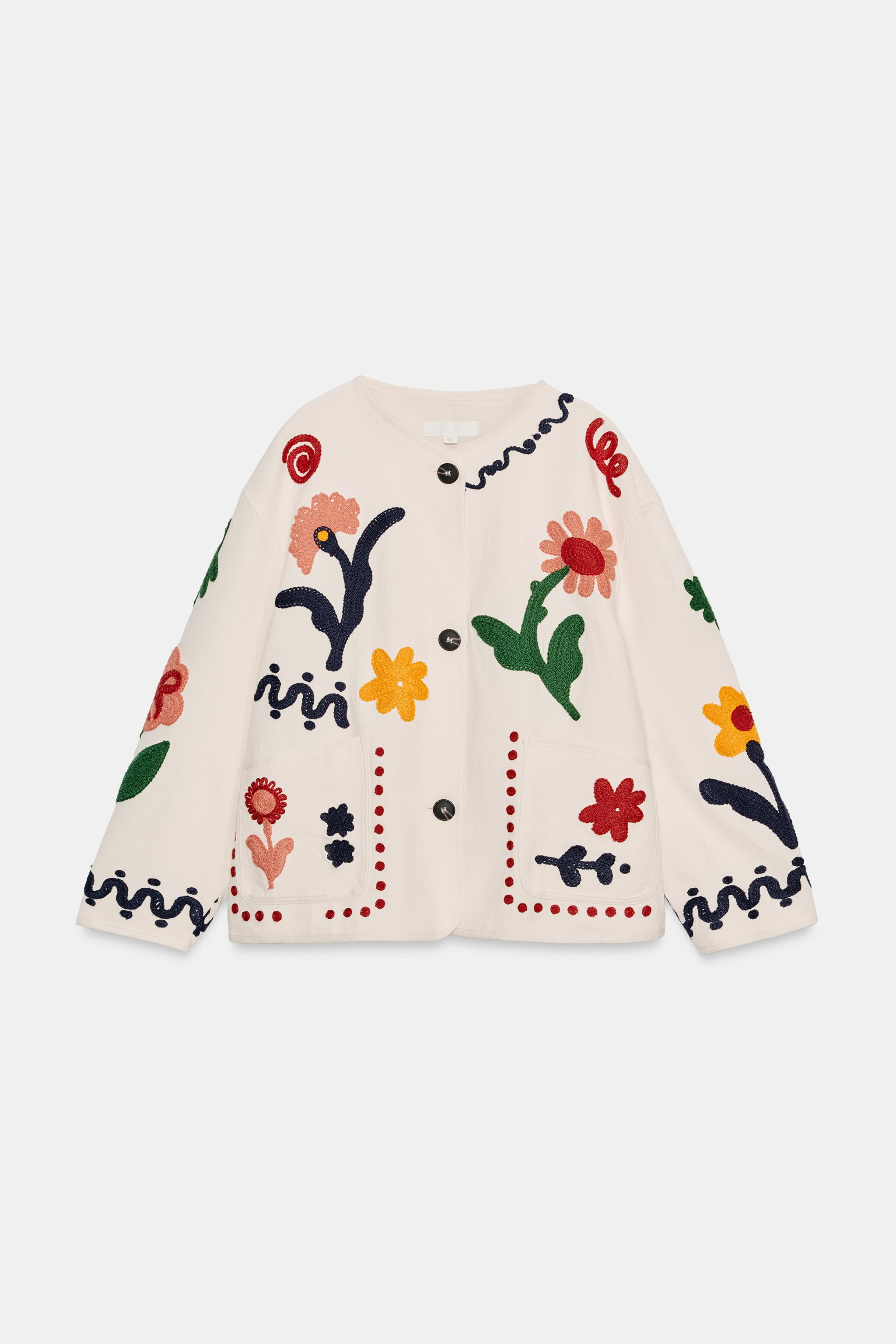 Round neck jacket with long sleeves. Front patch pockets. Mixed floral embroidery details. Front ... | Zara US