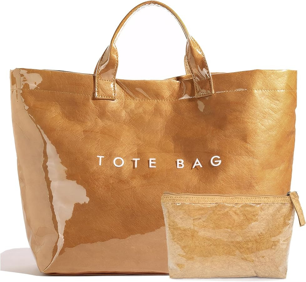 PVC Trendy Tote Bag for Women, Kraft Paper Letter Print Tote Bag Large Work Tote Handbag with Top... | Amazon (US)