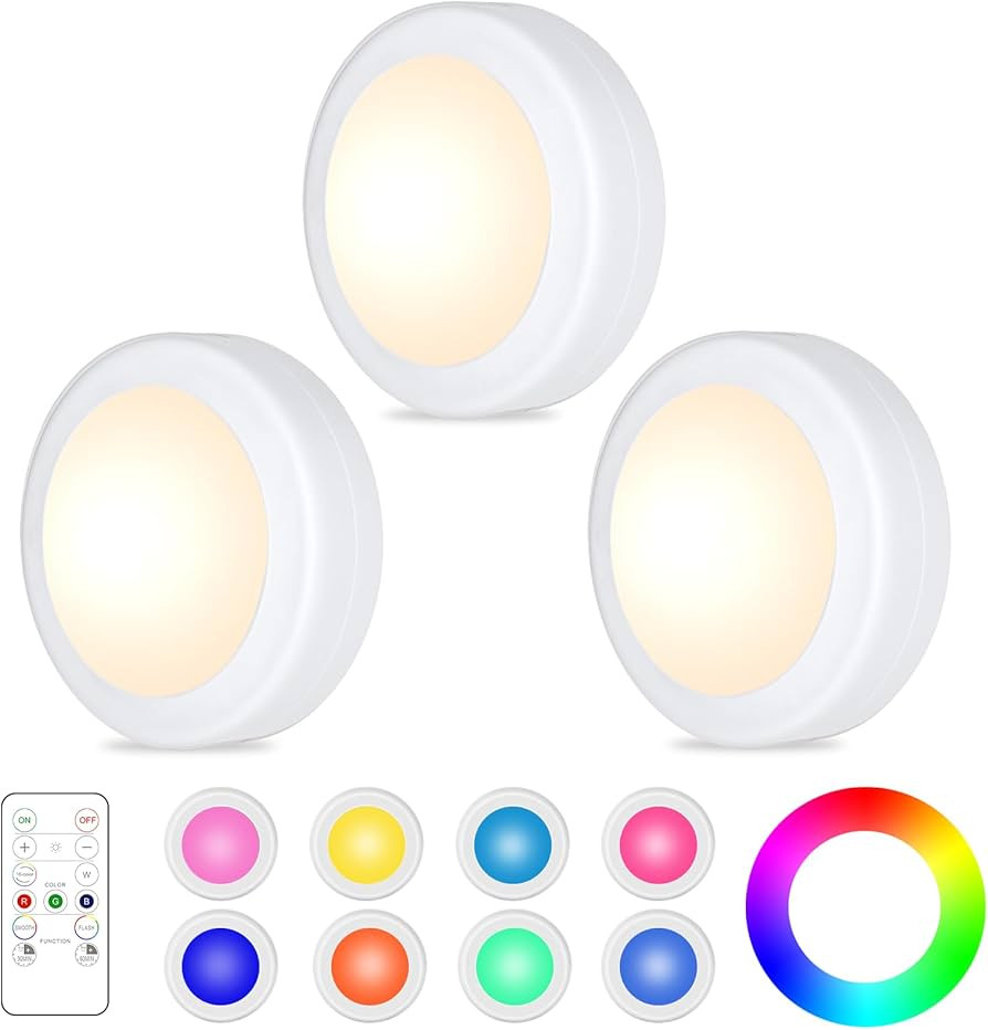 Yiliaw 3 Pack LED Puck Lights Remote Control 16 Color Changeable Under Cabinet Lights, Battery Op... | Amazon (US)