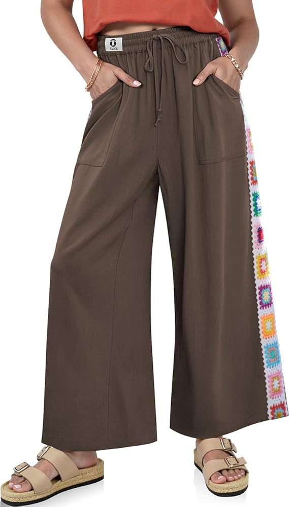 TARSE Womens Wide Leg Linen Pants Summer Casual Drawstring Loose Lounge Palazzo Crochet Panel Pan... | Amazon (US)