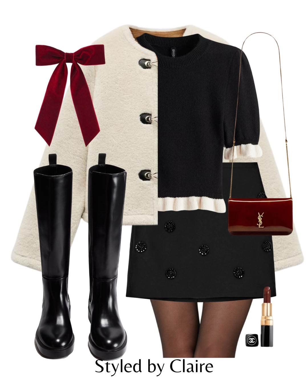 A realistic Christmas Day Outfit🧑🏼‍🎄
Tags: knee high boots black H&M sequin skirt top knit cream detail YSL burgundy cross body bag hair bow faux fur cropped jacket zara fashion winter inspo ideas city break Parisian style chic women fluffy slippers new year eve party night out festive wear 

#LTKshoes #LTKstyletip #LTKpartywear
