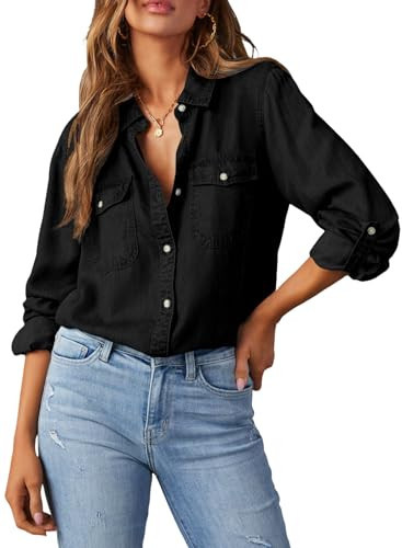 Astylish Ladies Button Down Shirt Elegant Long Sleeve V Neck Jean Jackets for Women Fashion Denim Top Black Large | Amazon (US)