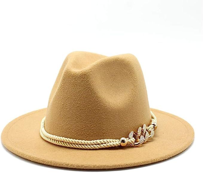 Gossifan Lady Fashion Wide Brim Felt Fedora Panama Hat with Ring Belt | Amazon (US)