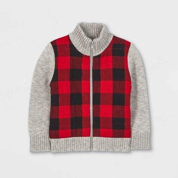 Toddler Boys' Buffalo Check Knit Zip-Up Sweater Cardigan - Cat & Jack™ Heather Gray | Target