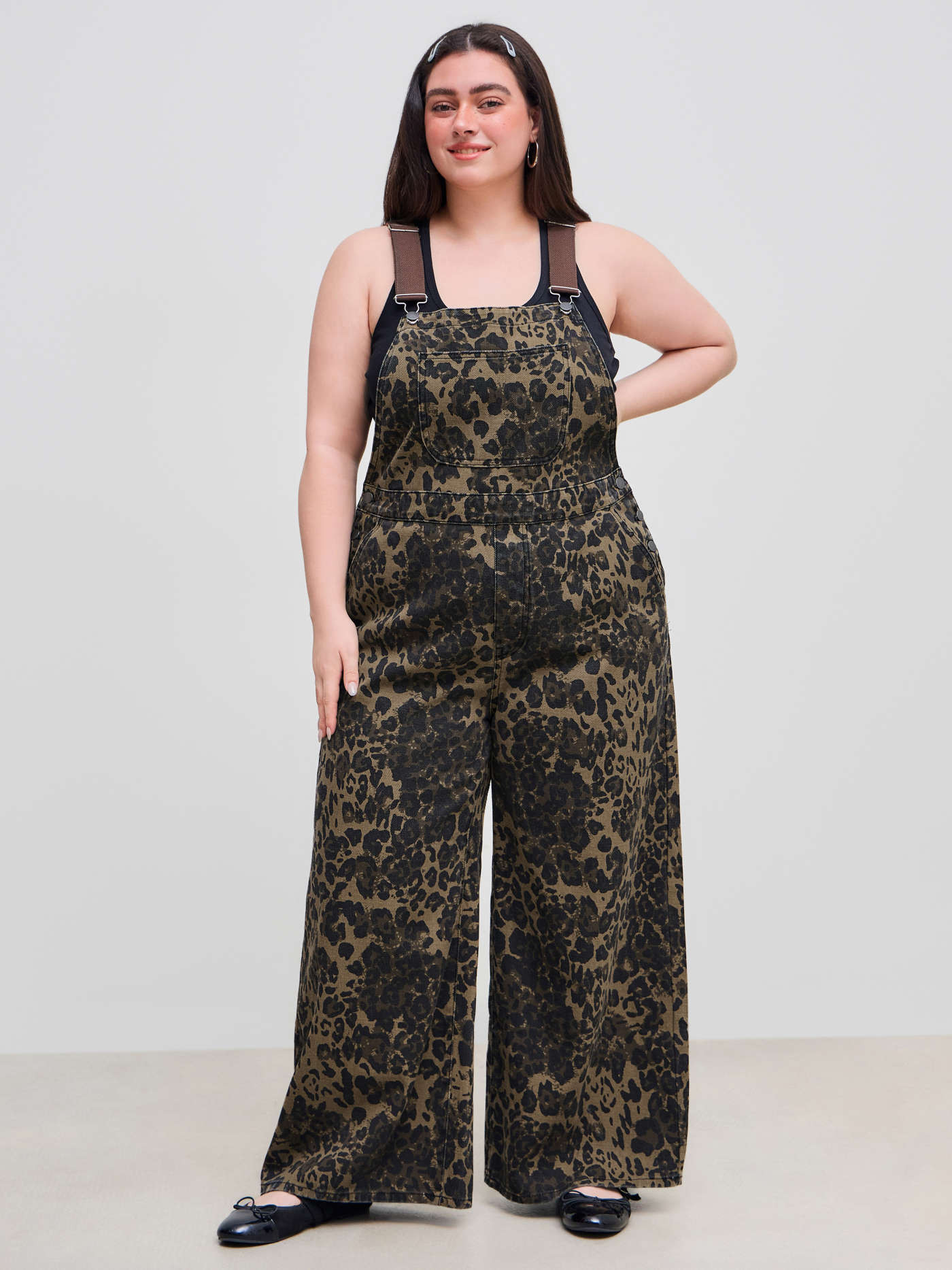 Denim Leopard Button Pocket Wide Leg Jumpsuit Curve & Plus | Cider