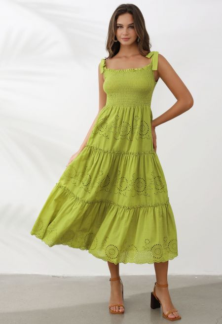 Lime Embroidery Shirred Tie-Strap Maxi Dress | Chicwish