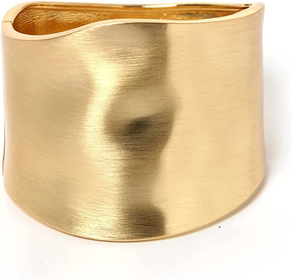 Gold Tone Wide-Edge Smooth Opening Bangle Bracelet Minimalist Polished Frosted Irregular Twist Gr... | Amazon (US)