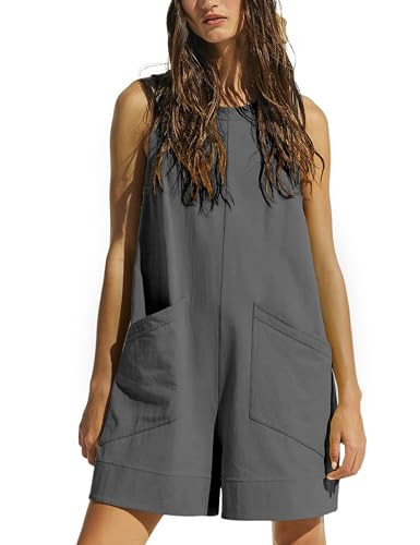 TBETNE Women's Summer Casual Rompers Sleeveless Loose Stretchy Shorts Jumpsuits Overalls with Pockets(Dark Grey, X-Large) | Amazon (US)