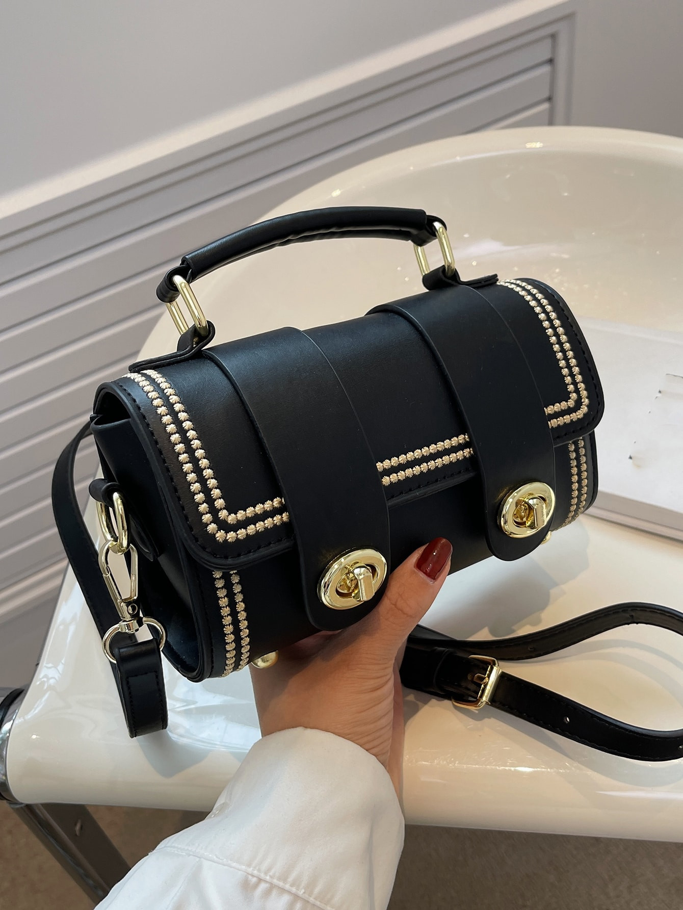 Mini Stitch Detail Twist Lock Flap Square Bag | SHEIN USA | SHEIN