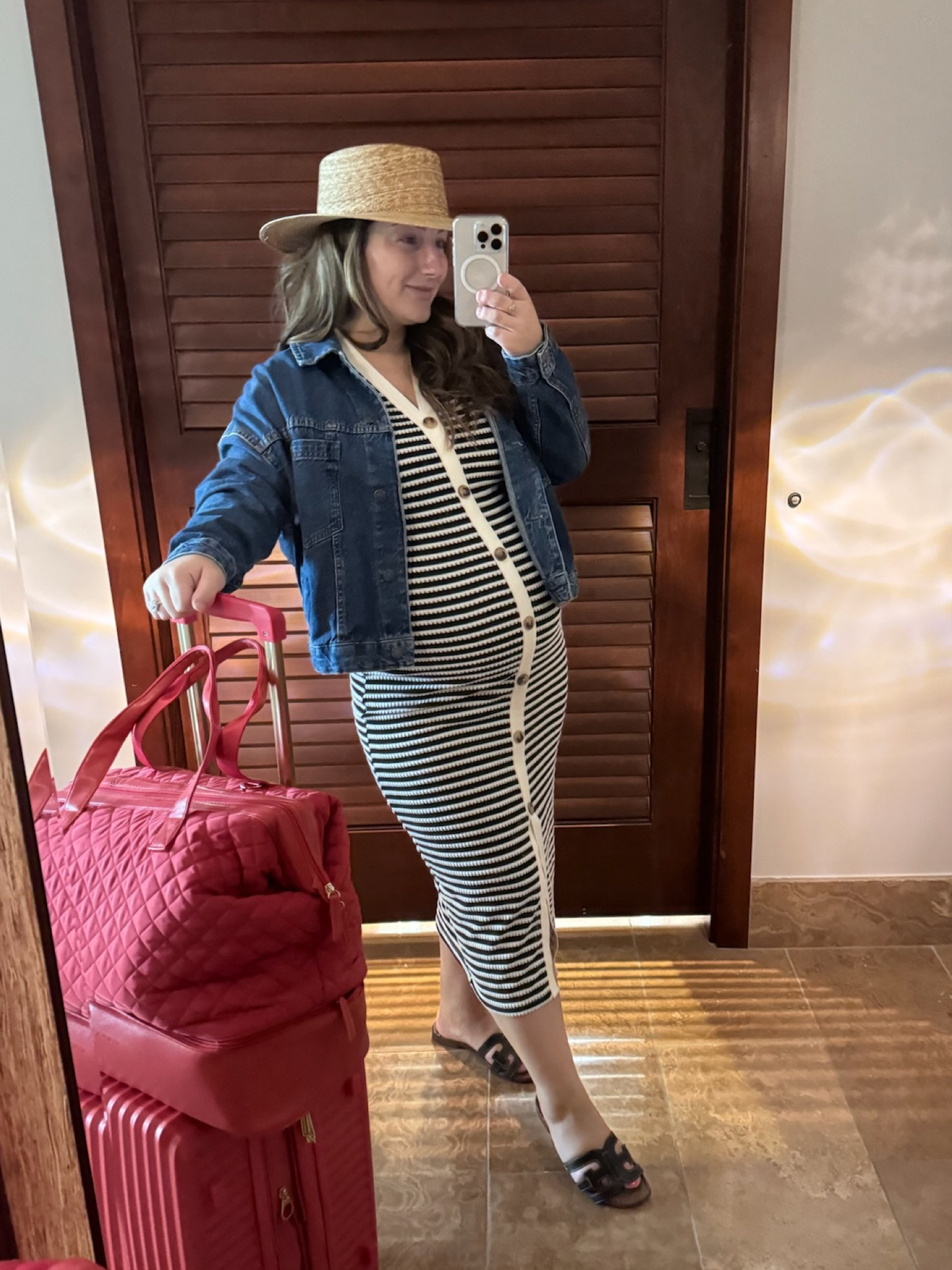 Must haves for summer travels and vacation!! 

Striped midi dress: size small 
Denim jacket: size xs, runs big 
Sandals: TTS 
Hat: size small/med 

Travel outfit, vacation outfit, babymoon, honeymoon, summer style, petite maxi dress, maternity friendly bump friendly 

#LTKBump #LTKFindsUnder50 #LTKTravel