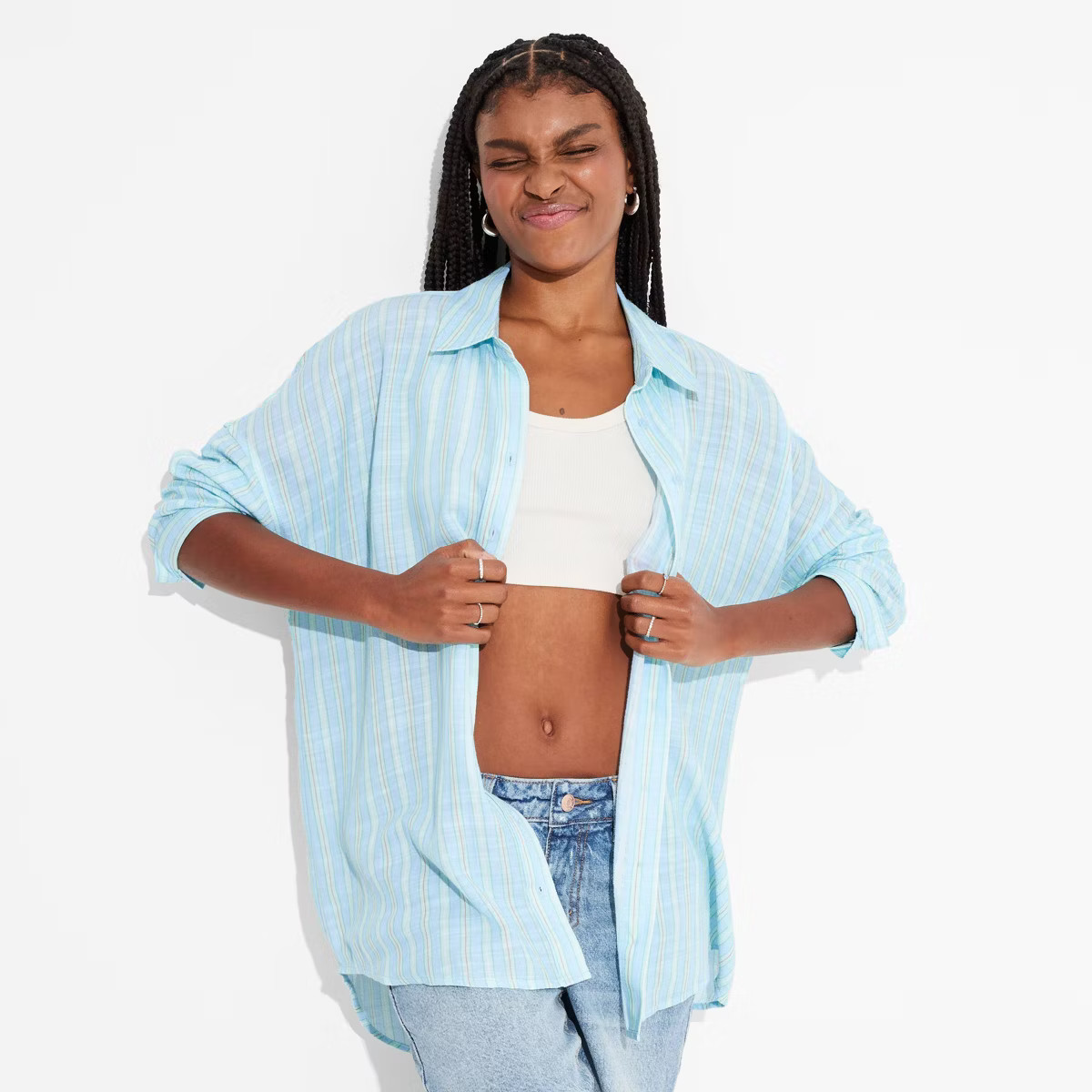 Women's Long Sleeve Oversized Button-Down Shirt - Wild Fable™ Green/Blue Striped | Target
