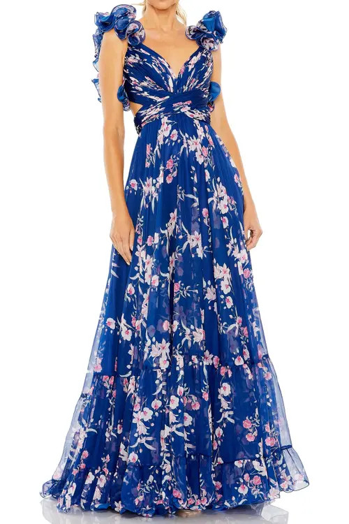 Mac Duggal Ruffle Tiered Floral Cut-Out Chiffon Gown in Blue Multi at Nordstrom, Size 8 | Nordstrom