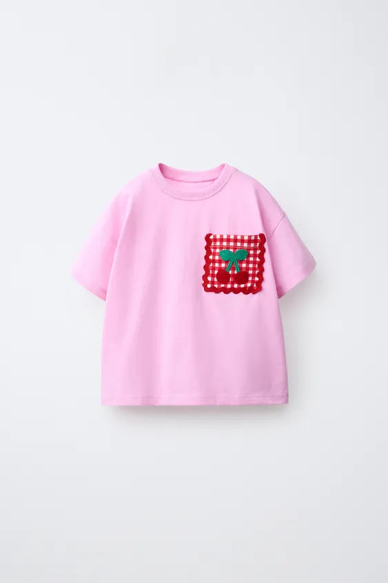 Round neck T-shirt with short sleeves. Featuring a patch pocket with cherry appliqu\u00e9 in croc... | Zara US