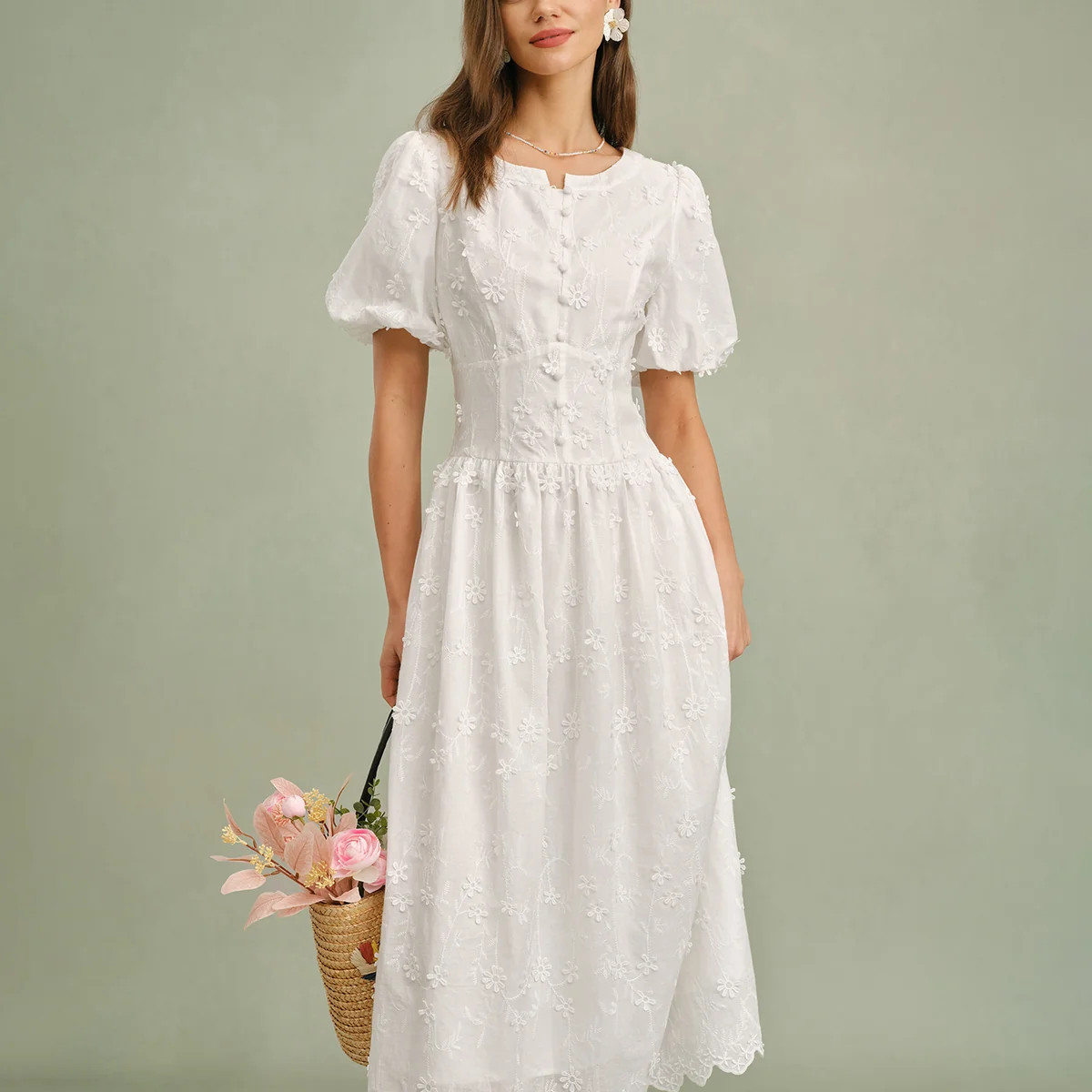 White Round Neck Floral Midi Dress & Reviews - White - Dresses | RIHOAS | rihoas.com