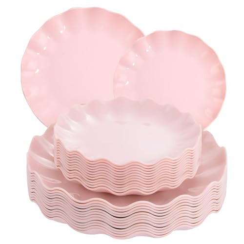 LIYH 24 Pcs Pink Plates Reusable, Pink Plastic Scalloped Plate Durable and Dishwasher Safe,Baby Shower Plate, Light Weight Daisy Plastic Wavy Plates for Wedding Party Birthday | Amazon (US)