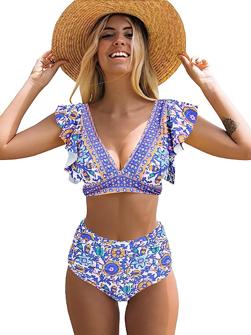 Soucrat Women Ruffle High Waisted Swimsuit Two Piece Tropical Print Swimsuit Push Up Bathing Suit | Amazon (US)