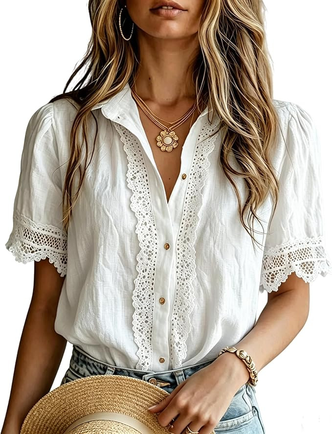 Women's Lace Trim Button Down Shirts Short Sleeve Collared V Neck Summer Casual Work Blouse Top | Amazon (US)