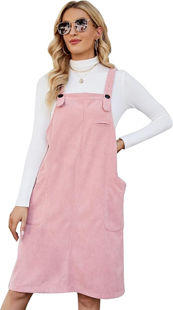 Flygo Women's Corduroy Jumper Overall Pinafore Midi Dress Skirt with Pockets | Amazon (US)
