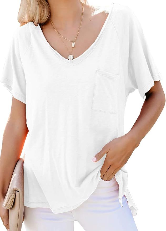 Biucly Women's Short Sleeve V-Neck Shirts Loose Casual Tee T-Shirt with Pocket | Amazon (US)