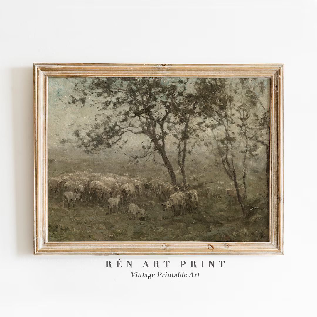 Sheep Painting Printable Wall Art | Cottage Landscape Print | Vintage Summer Wall Art | Farm Anim... | Etsy (US)