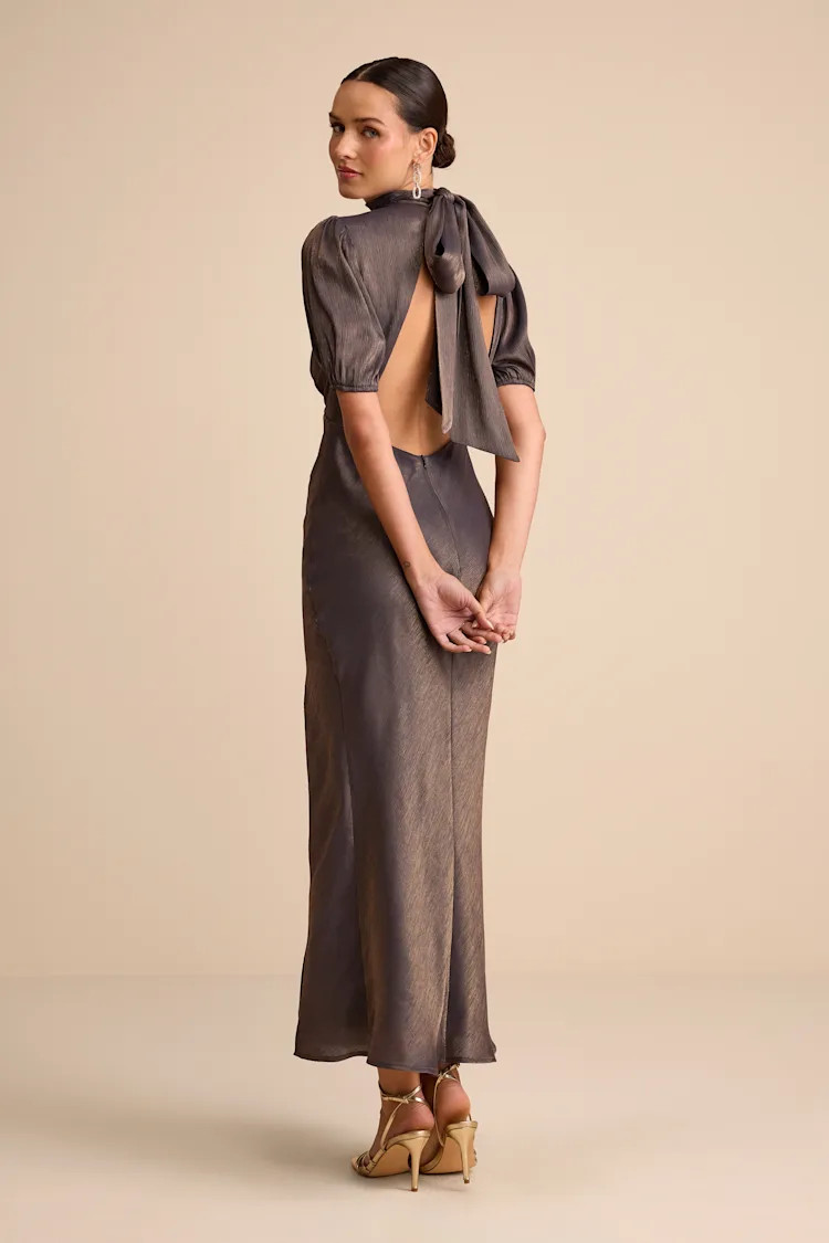 Talira Dark Taupe Satin Lurex Mock Neck Cutout Maxi Dress | Lulus
