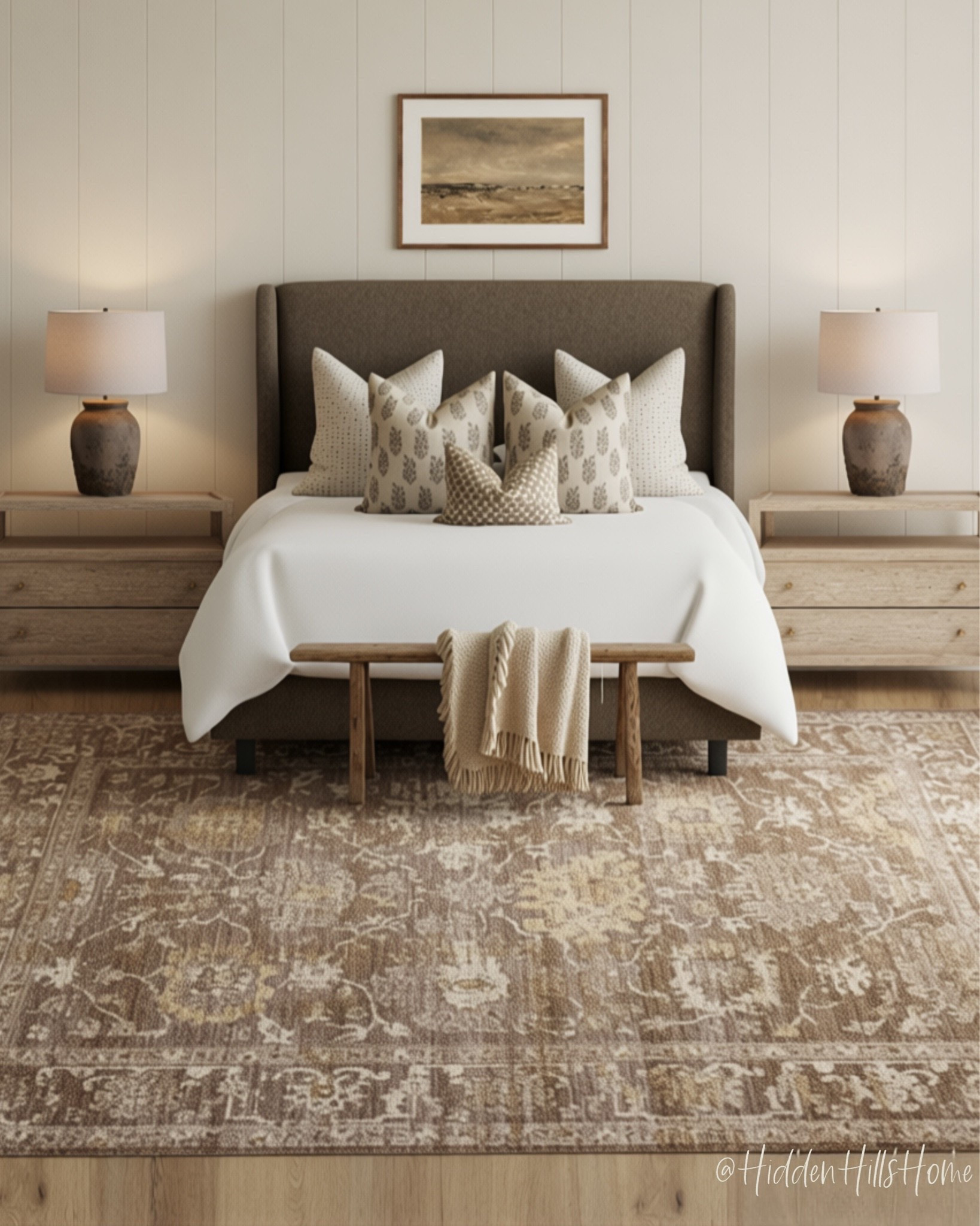 Master bedroom decor ideas! Bedroom mood board, home decor, bedroom inspiration, bedding, bedroom rug, nightstands, bedroom dresser, Tilly bed #bedroom