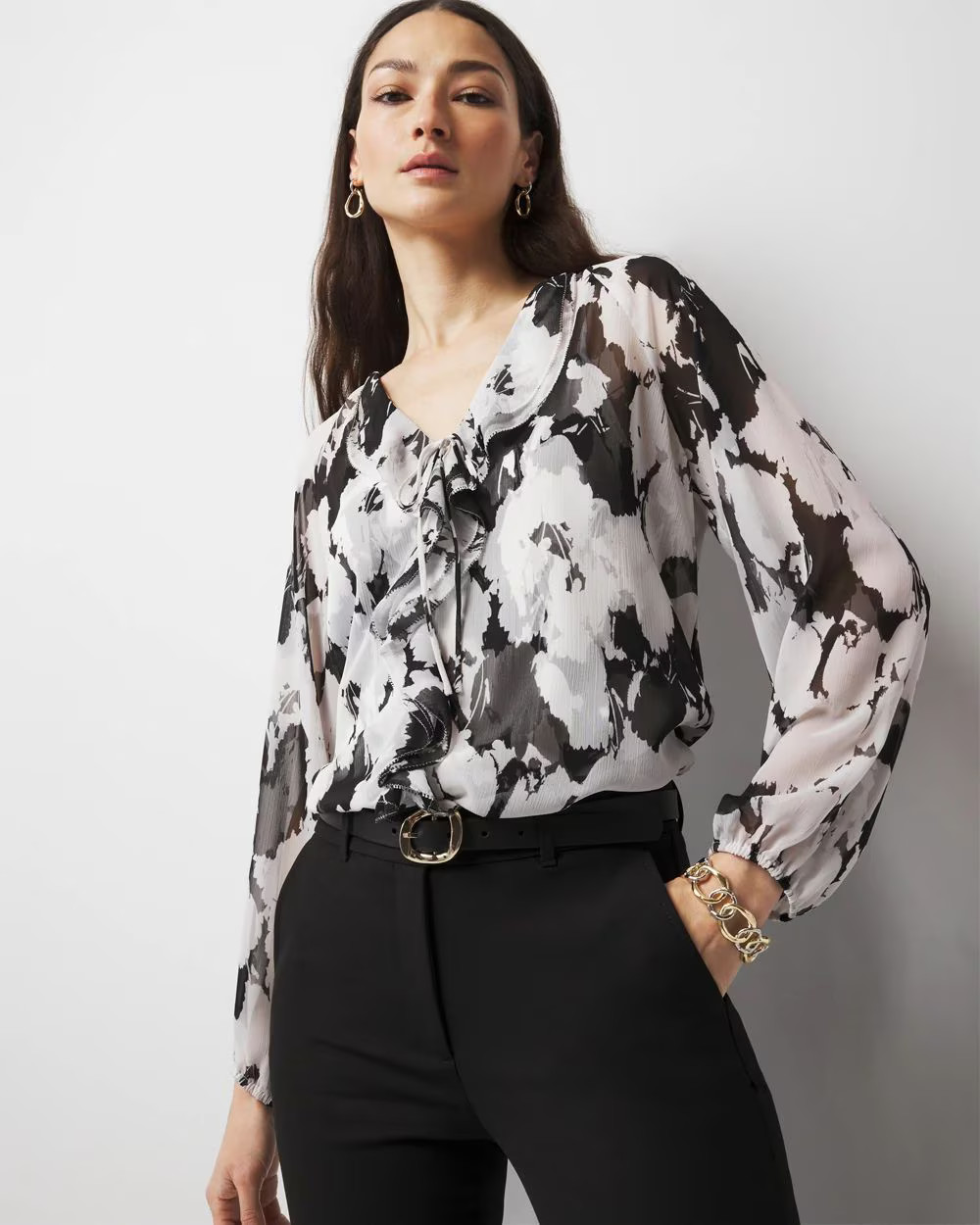 Printed Ruffle Front Blouse | White House Black Market