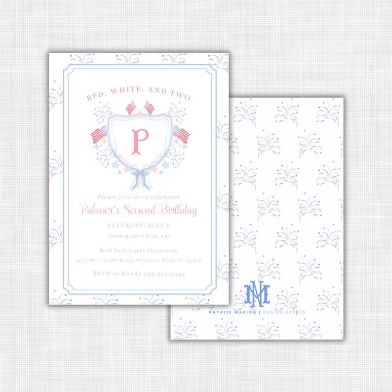 Watercolor Red White and Two Birthday Invitation With Crest & Blue Bow 4th of July Invitation Red... | Etsy (US)