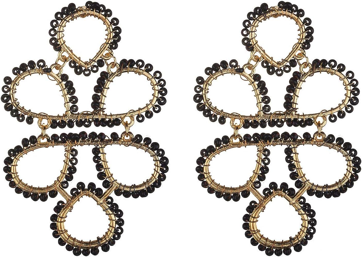 Nicole Miller New York Goldtone Teardrop Boho Tribal Black Beaded Fashionable Dangle Earrings | Amazon (US)