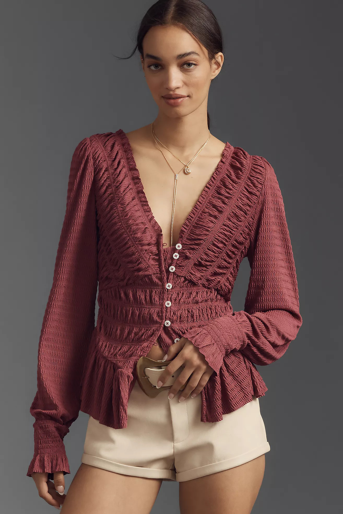 By Anthropologie Long-Sleeve Smocked V-Neck Top | Anthropologie (US)